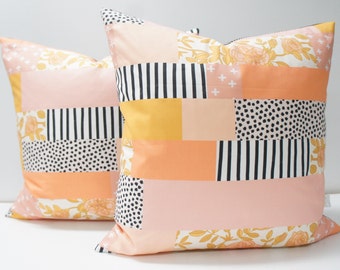 Pillow Cover - Patchwork Pillow Cover, 20x20, vintage mod faux quilt patchwork, pink, peach, coral, mustard, black and white