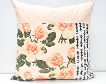 Pillow Cover - Patchwork Pillow Cover, 20x20, black and off white, retro vintage roses, green and coral/peach/pink, floral