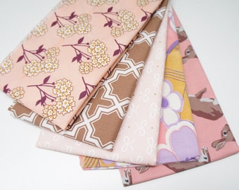 Fabric - fabric bundle - 5 x 20x20 squares, remnants, scrap pack, destash, quilting - light pink floral, bunnies