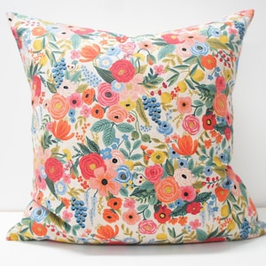 Pillow Cover - garden party pink Canvas linen Fabric rifle paper co. 20x20, vintage/retro, floral, green, blue, pink