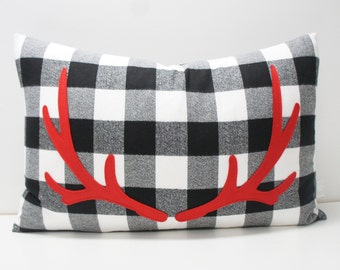 Antler Pillow Cover, 20x20, Buffalo plaid, black and white flannel check with red felt antler applique, christmas, holiday, cabin, cottage