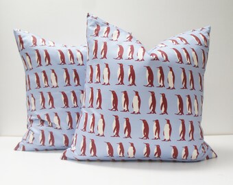 SALE — Pillow Covers -Set of Holiday Penguin Pillow Covers, 20x20, winter pillow, holiday pillow, christmas pillow, blue and maroon penguins