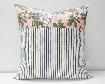 Pillow Cover - Patchwork Pillow Cover, 20x20, pink vintage floral, black and white stripes, wild roses