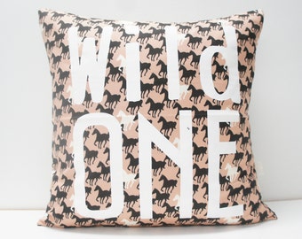 SALE — Pillow Cover - WILD ONE Pillow Cover, 20x20, black horses on blush pink