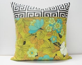 Pillow Cover - Patchwork Pillow Cover, 20x20, vintage retro floral green and teal, Greek key black