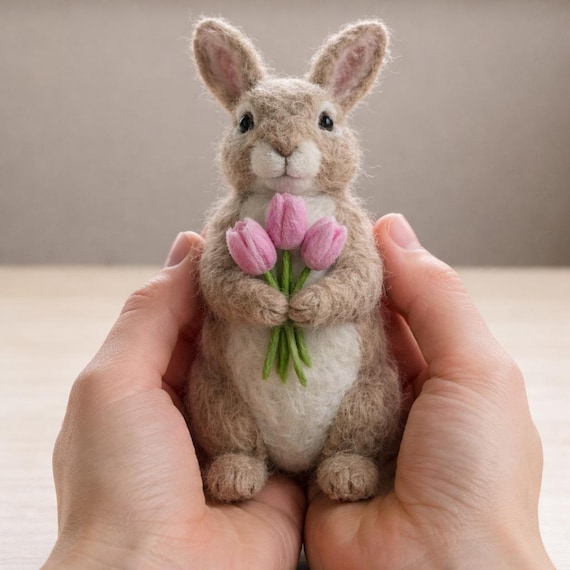 Needle Felted Bunny with Tulips, Handmade Felt Rabbit, Cute Spring Bunny Doll, Easter Bunny Decor, Waldorf Inspired Gift