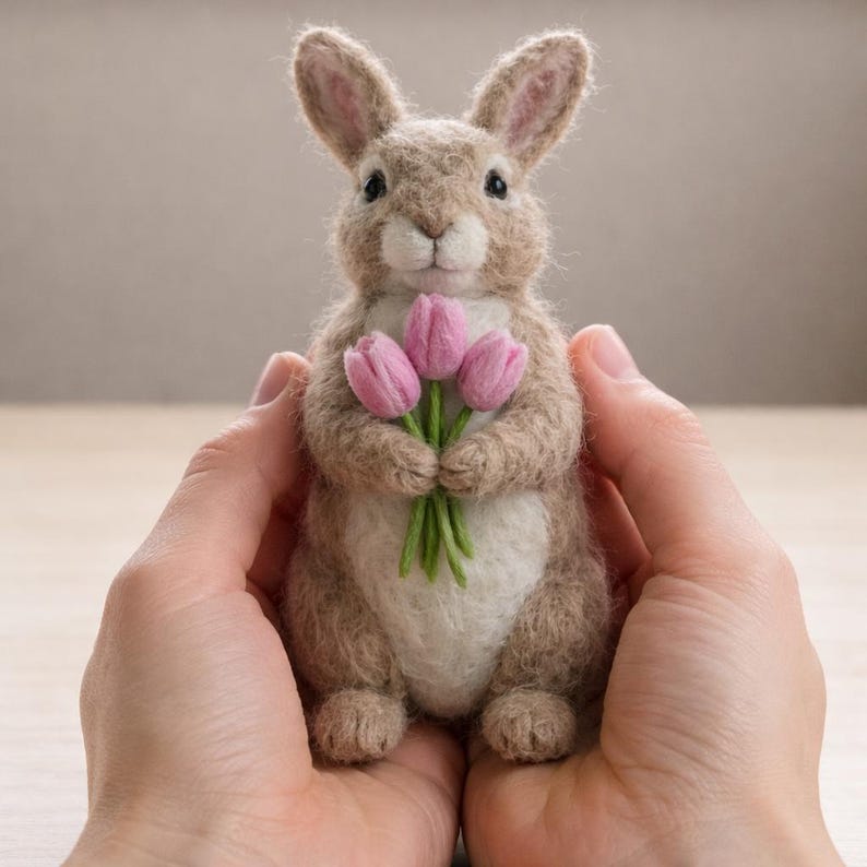 K&ouml;nnte beinhalten: Eine handgefertigte Hasenfigur aus Filz in Braun- und Wei&szlig;t&ouml;nen, die einen Strau&szlig; aus drei rosa Tulpen h&auml;lt. Der Hase hat lange Ohren und wird in einer weichen, neutralen Umgebung pr&auml;sentiert.