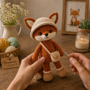 May include: A crocheted fox toy featuring rust-orange fur, a cream-coloured muzzle, and pointed ears. The fox wears a beige bucket hat, matching boots, and a small crossbody bag with a single button. It is crafted with detailed yarn stitching.