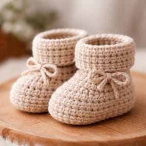 May include: A pair of beige crochet baby booties with rolled cuffs and small bow accents. The handmade booties are displayed on a wooden surface, showcasing the detailed stitch work and soft texture of the yarn.