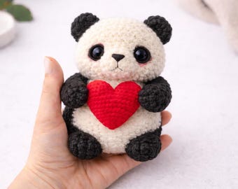 Crochet panda Holding With Heart Plushie, Handmade Crochet Amigurumi Cute Panda Birthday Gift, Gifts For Children