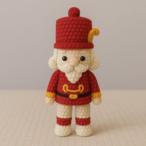 May include: A handmade crochet nutcracker doll in a festive red and cream color scheme. The doll features a red hat, jacket, and striped pants, with a cream-colored beard and face. The doll has black eyes and a small pink nose, and is a charming holiday decoration.
