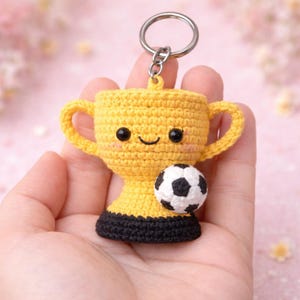 Crochet Soccer Championship Trophy Keychain, Handmade Football Trophy Keyring, Amigurumi Sports Gift, Mini Cup Keychain