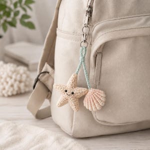Porte-clés étoile de mer et coquillage au crochet, breloque de sac océan mignonne, accessoire amigurumi côtier fait main, cadeau pour les amoureux de la plage