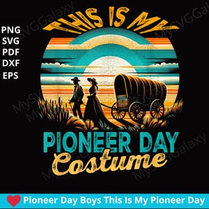 Camiseta de disfraz del Día de los Pioneros para niños. Imágenes prediseñadas de pareja de carretas del oeste para Cricut, Silhouette y descarga instantánea.