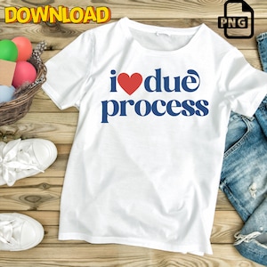 May include: White t-shirt with blue text that says "i ♥ due process". The heart is red.