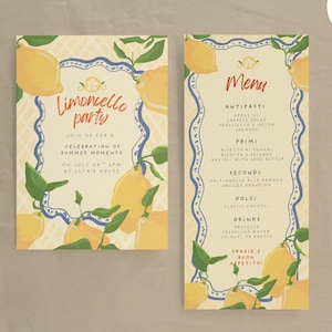 Puede incluir: Juego de papelería de dos piezas con temática de limón. La invitación, con las palabras "Limoncello party", detalla un evento de verano. El menú presenta platos y bebidas italianas, con ilustraciones de limones y un borde azul.