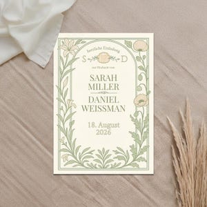 Hochzeitseinladung Vintage Jugendstil – Canva Vorlage editierbar, florale Einladung Hochzeit, Boho Botanical DIN A6 beidseitig