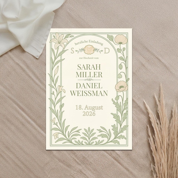 Hochzeitseinladung Vintage Jugendstil – Canva Vorlage editierbar, florale Einladung Hochzeit, Boho Botanical DIN A6 beidseitig