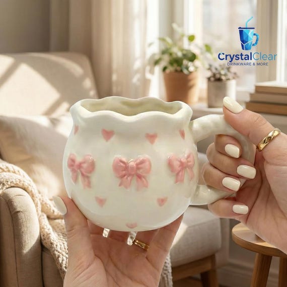Cute Pink Ribbon Bow Ceramic Mug with Handle | Aesthetic Coffee & Milk Cup | Gift Box Mug for Girls and Friends
