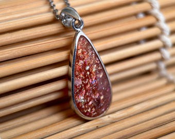 Confetti Sunstone Sterling Silver Pendant, Sparkling Aventurescence Gemstone Necklace, Orange Copper Flash Crystal Jewelry
