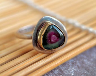 Watermelon Tourmaline Ring, (SIZE 6 US)14K Gold Sterling Silver