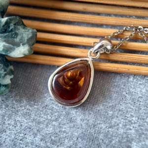 Op de afbeelding: Een zilveren hangerketting met een druppelvormige, roodbruine edelsteen met gouden interne patronen. De hanger is gezet in een zilveren rand en hangt aan een fijne zilveren ketting. De achtergrond omvat een grijs oppervlak en houten latten.