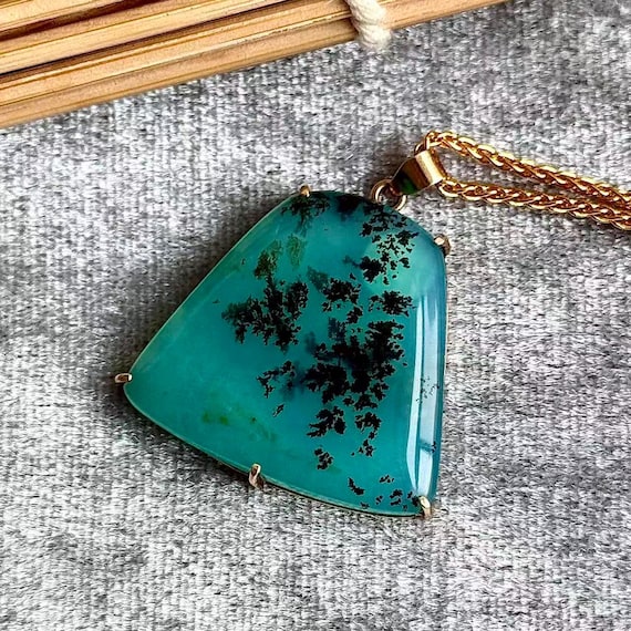 Blue Opal Pendant 14K Gold Dendritic Opal Necklace Natural Gemstone Jewelry Gift for Her