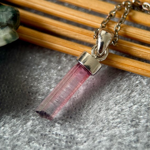 Raw Tourmaline Crystal Column Pendant in Sterling Silver, Natural Gemstone Necklace