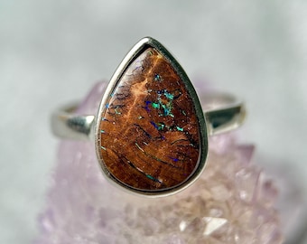 Boulder Opal Sterling Silver Ring, Multi Fire Gemstone, (6 3/4 US)