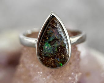 Boulder Opal Sterling Silver Ring, Multi Fire Gemstone,(US 7 1/4)