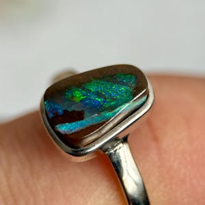 Boulder Opal Sterling Silver Ring, Multi Fire Gemstone, Size 7 3/4 US