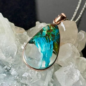 CHRYSOCOLLA Crystal Pendant - Luxurious gold-plating craftsmanship, Blue Chalcedony, Sterling Silver, Healing Crystals