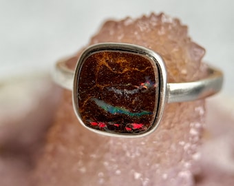 Australian Boulder Opal Sterling Silver Ring, Multi Fire Gemstone, (8 3/4 US) Gifts for Her