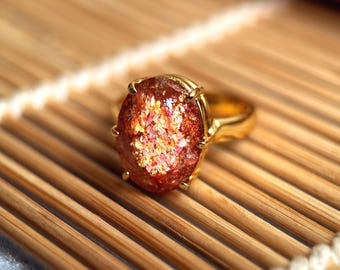 Natural Sunstone Gold Vermeil Ring(6 US), Flashy Orange Sunstone Statement jewelry