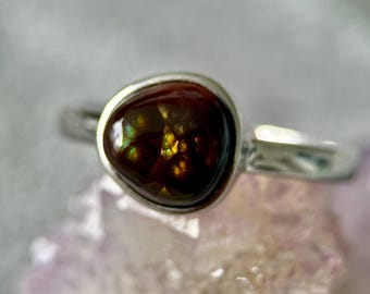 Mexican Fire Agate Silver Ring(9 3/4 US) – Natural Gemstone Ring with Iridescent Colors