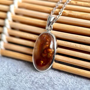 Op de afbeelding: Een zilveren hangerketting met een ovale, gepolijste edelsteen in warme bruin- en amberkleuren. De edelsteen is gezet in een zilveren rand en hangt aan een fijne zilveren ketting. De ketting wordt getoond tegen een natuurlijke houten achtergrond.