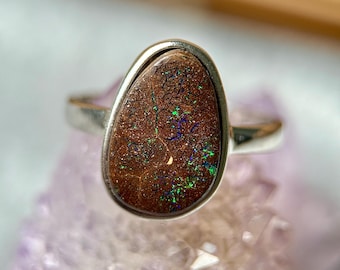 Boulder Opal Sterling Silver Ring, Multi Fire Gemstone, (7 1/4 US)