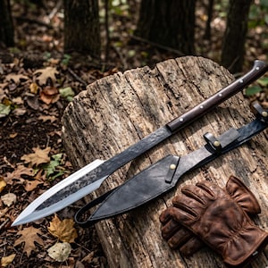 May include: A long spear with a dark, hammered metal blade and a polished dark wood handle secured with metal rivets. Beside the spear lies a black leather sheath with brass-coloured hardware and a pair of brown leather work gloves.