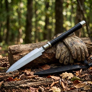May include: A spear with a long, pointed metal blade and a smooth black cylindrical handle featuring a silver-toned metal bolster and pommel. The spear is accompanied by a black leather sheath and a pair of worn, tan-coloured leather work gloves.