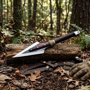 May include: A spearhead with a sharp, pointed metal blade, a dark wood handle section with two silver rivets, a textured brass-coloured collar, and a black wrapped grip. The spearhead rests on a log next to a brown leather sheath with brass snaps.