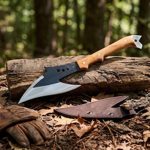 May include: A fixed-blade knife with a black-coated, curved blade and a polished silver edge. The handle is made of light-coloured wood with three metal rivets. A brown leather sheath with two metal snaps is positioned nearby on the ground.