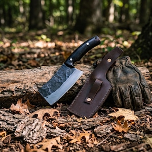 May include: A hand-forged cleaver with a dark, textured metal blade and a smooth black handle secured with two silver rivets. Beside the knife lies a brown leather sheath with a metal snap closure and a worn brown leather work glove.