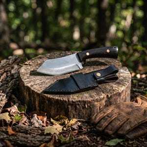 May include: A fixed-blade knife with a wide, silver-colored steel blade and a dark wooden handle secured by two copper rivets, accompanied by a black leather sheath with a snap closure and a pair of tan leather work gloves.