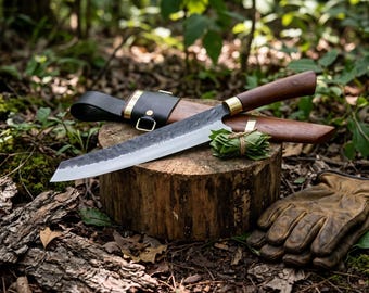 Herramienta culinaria artesanal forjada a mano de 26,7 cm (10,5 pulgadas) de acero de alto carbono 5160 para exteriores, con mango de palisandro, estilo tradicional, ideal como regalo para padrinos de boda.