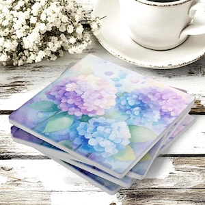 Set of 4 Hydrangea Coasters, Watercolor Floral Coaster Set, Cottagecore Spring Decor, Botanical Drink Coasters, Gift For Flower Lovers
