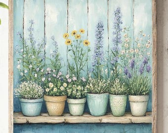 Farmhouse Flower Pots Framed Canvas Wall Art, Rustic Country Botanical Print, Vintage Floral Artwork, Cozy Cottage Kitchen Decor