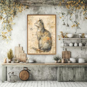 Vintage Katzen Illustration Wandkunst, rustikale Bauernhaus gerahmte Leinwand, wunderliche Katzen Skizze, gemütliche ländliche Wohnkultur Bild 4