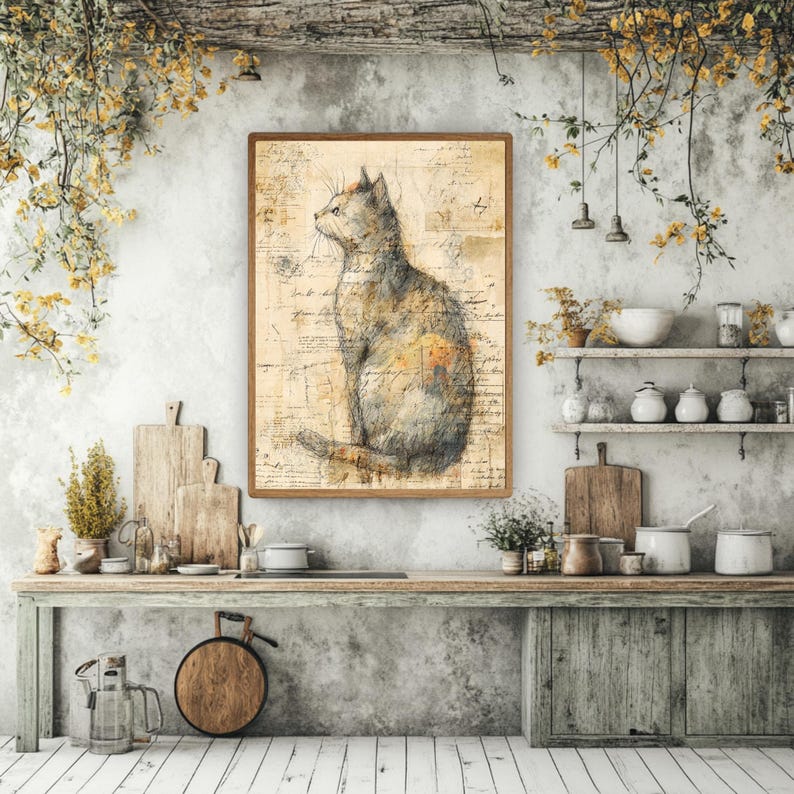 Vintage Katzen Illustration Wandkunst, rustikale Bauernhaus gerahmte Leinwand, wunderliche Katzen Skizze, gemütliche ländliche Wohnkultur Bild 4