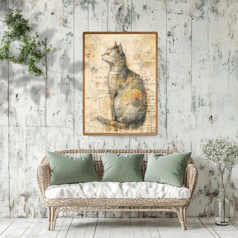 Vintage Katzen Illustration Wandkunst, rustikale Bauernhaus gerahmte Leinwand, wunderliche Katzen Skizze, gemütliche ländliche Wohnkultur Bild 5