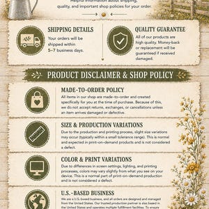 The image is a shipping details and shop policy document for Honey Hill Farm, providing information about their policies for customers.
